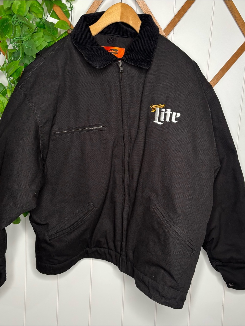 Black Men's Zip-Up Jacket Miller Lite corduroy collar size XL